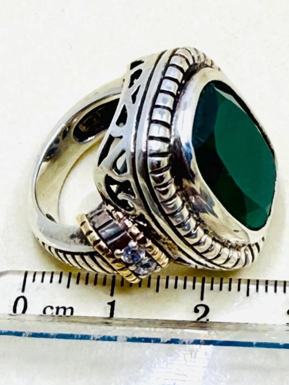 Vintage 14K Gold Sterling Silver Green Onyx Statement Ring Size 7 - Picture 7 of 10
